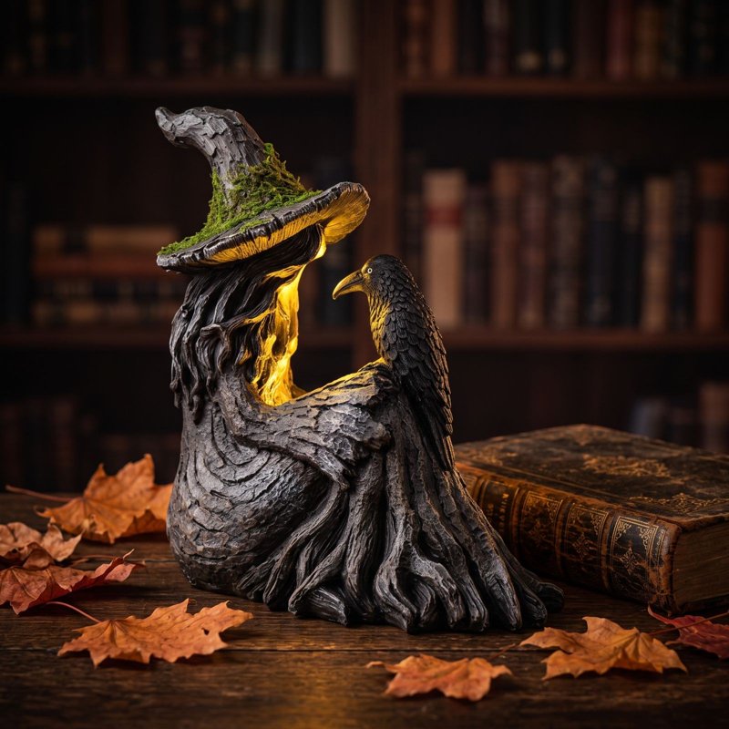 Lighted Witch and Crow Resin Figurine Halloween Gothic Tabletop Decor