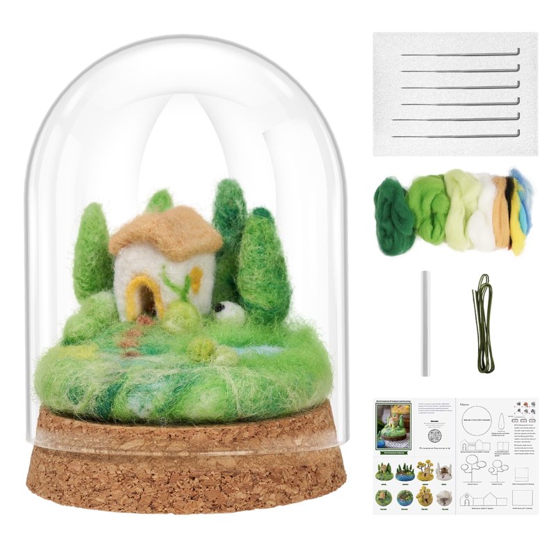 Seasonal Needle Felting Kit with Wool Roving & Glass Dome for Beginners