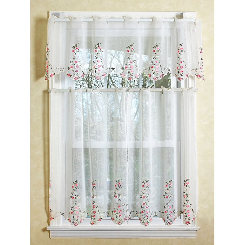 Sheer White Kitchen Curtain Set with Embroidered Flower Design – Multiple Sizes