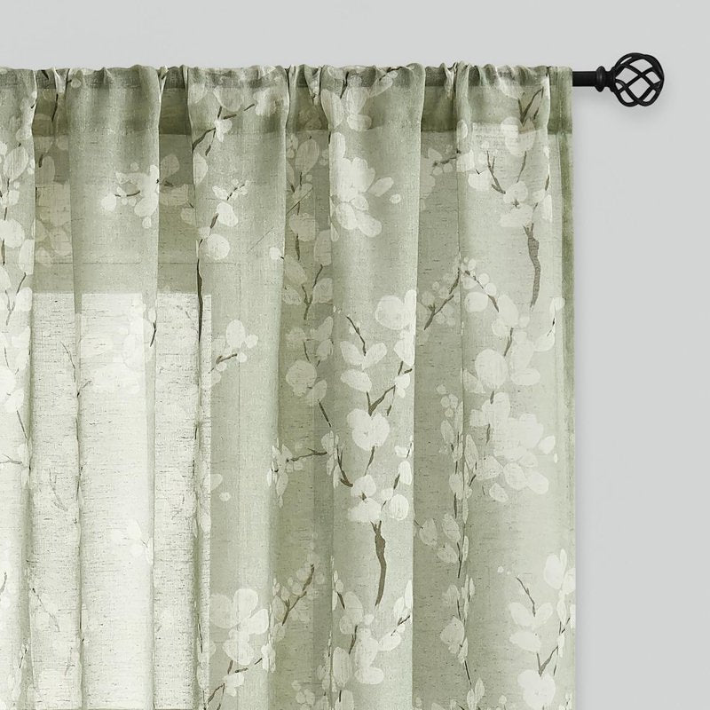 Light Filtering Floral Sheer Curtains for Bedroom and Living Room - Sage Green Blossom Print, 63 Inch Length, 2 Panels with Rod Pocket