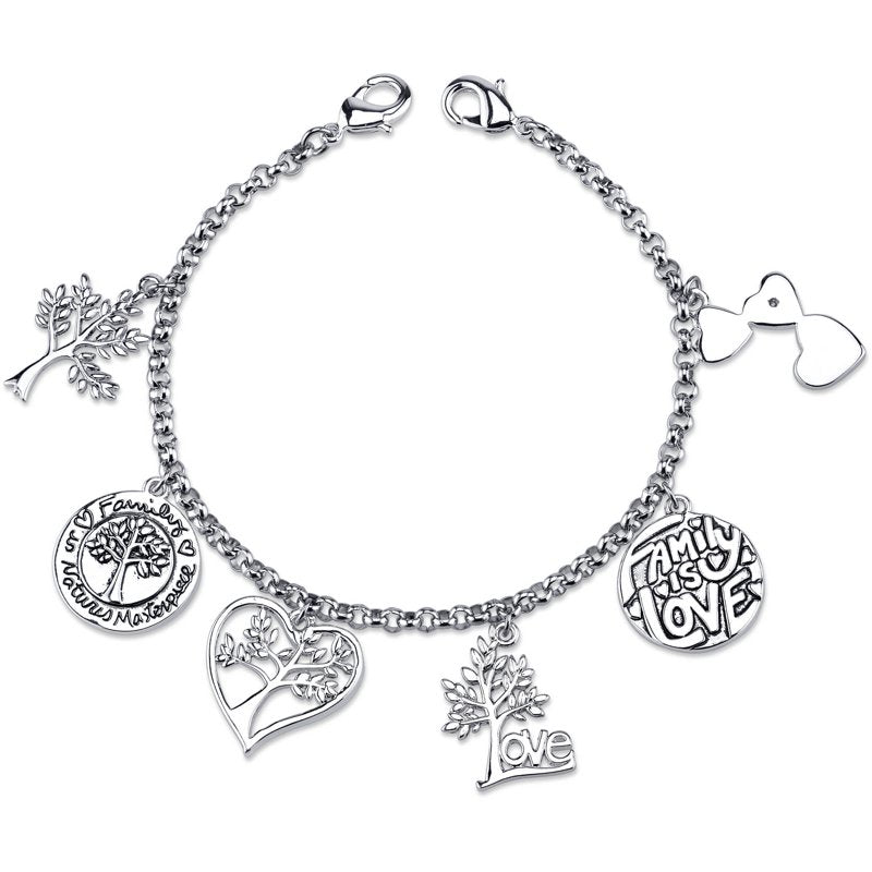 Stainless Steel Family Tree Charm Link Bracelet - 7.5 Inch