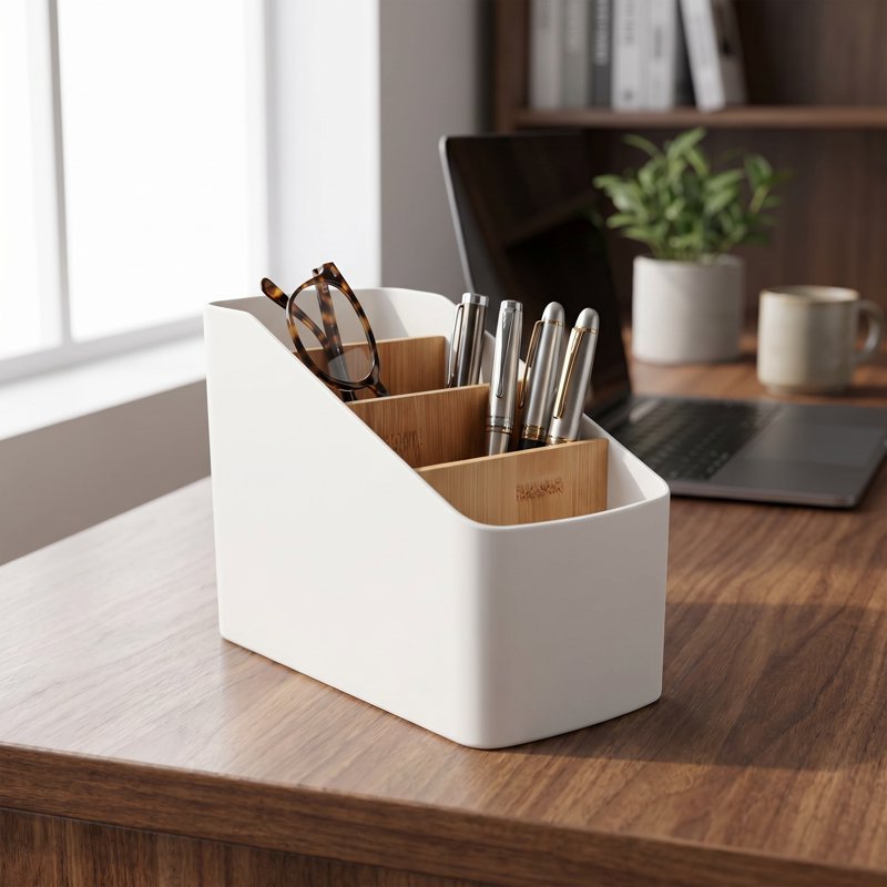 Desk Organizer for Remote Controls, Pens, Keys & Phone - White
