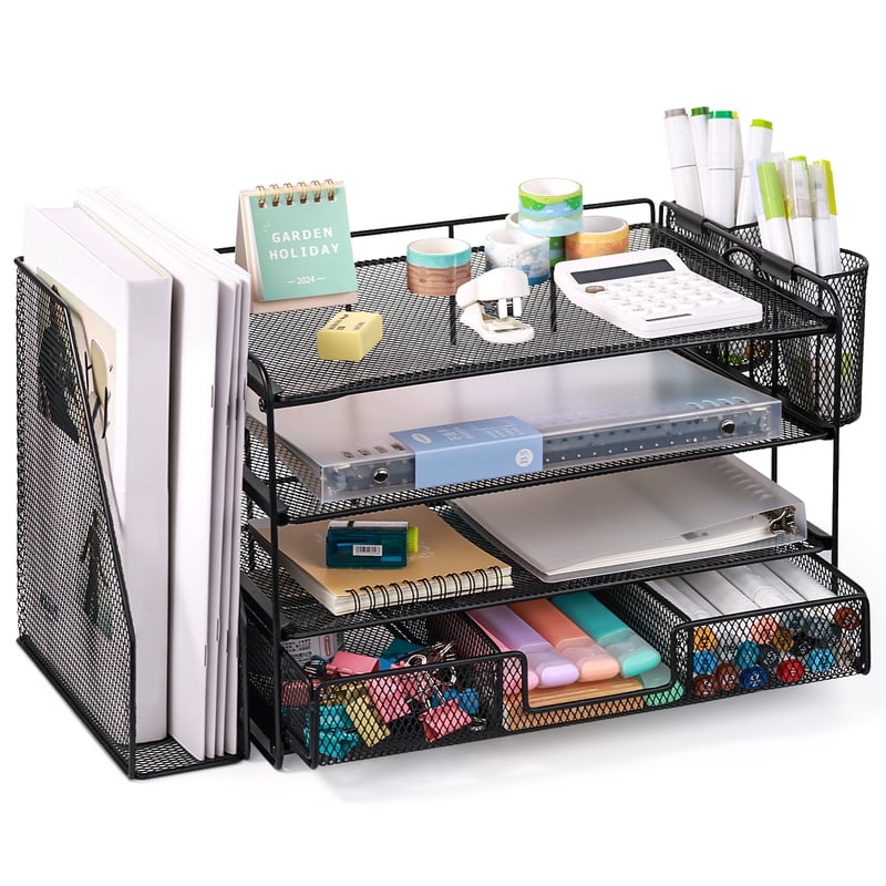 Multi-Tier Desk Organizer with File Drawers and Pen Holders - Office Storage Solution