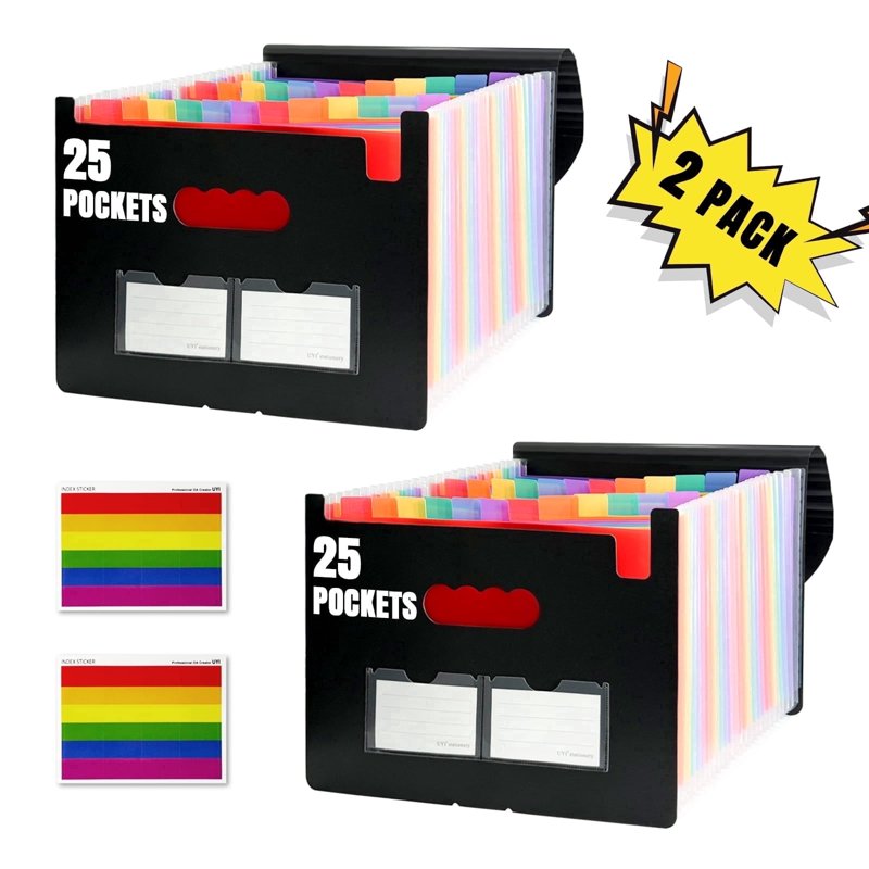 25-Pocket Expandable File Folder Organizer - 2 Pack with Colorful Tabs