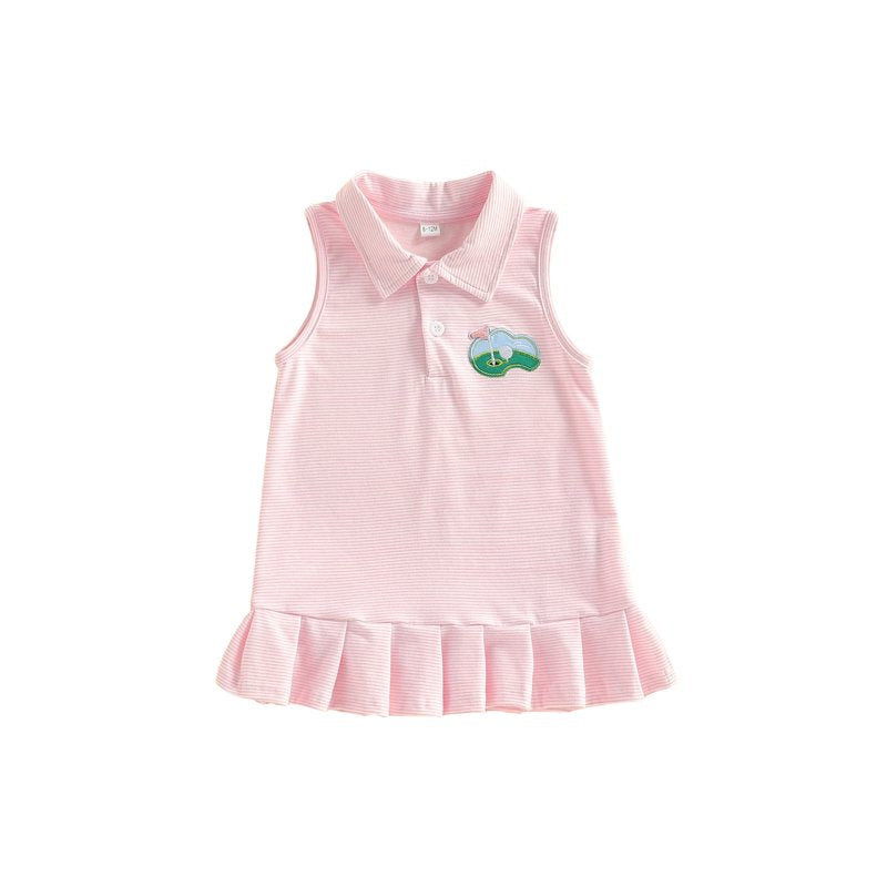 Toddler Girl Dress with Button Collar, Ruffled Hem, Embroidered Stripes and Plaid — Multiple Sizes & Colors