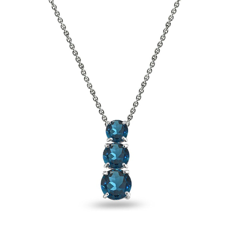 London Blue Topaz Three-Stone Pendant Necklace Sterling Silver Jewelry for Women & Teens