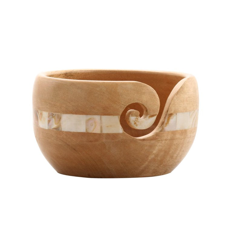 Wood Yarn Bowl with Mother of Pearl for Knitting Crochet & Weaving
