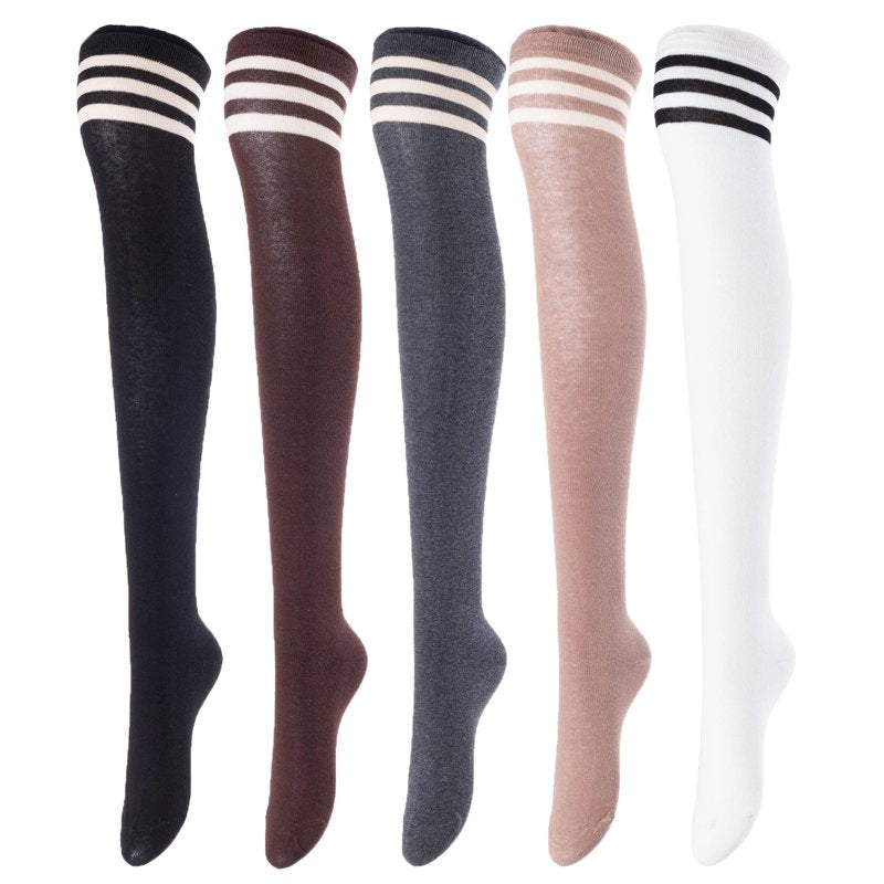 Over Knee High Cotton Boot Socks Pack of 5 - Casual Thigh High Stockings for Women & Teens