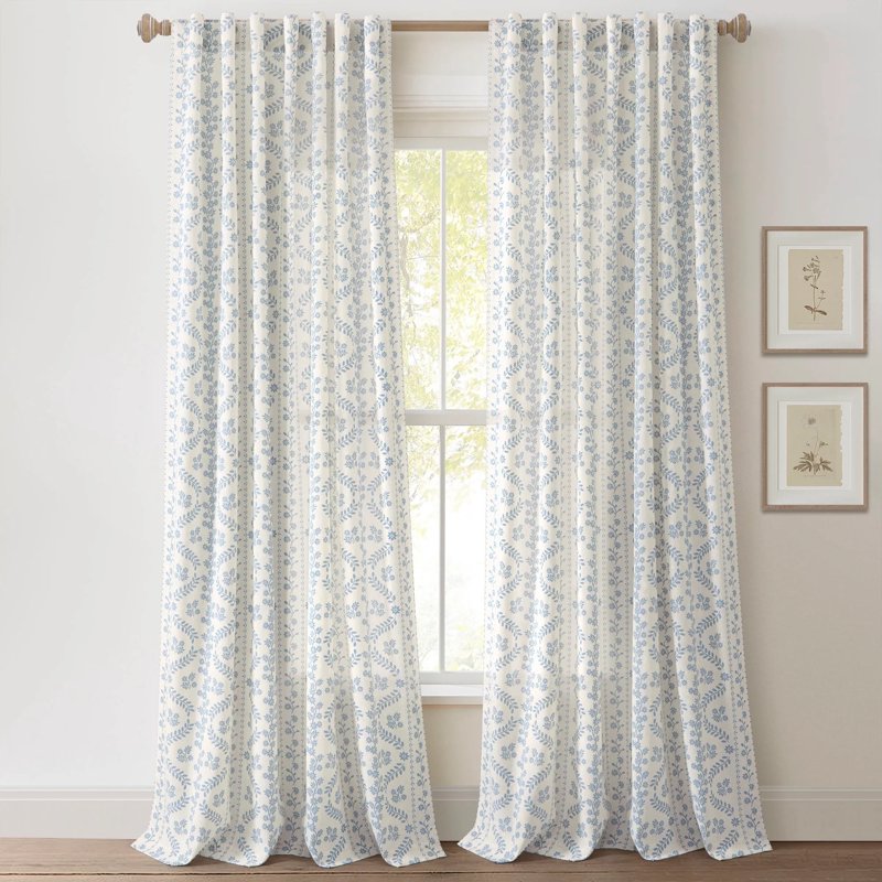 Light-Filtering Floral Curtain Panel Pairs - 52x84 Inches, Blue or Neutral