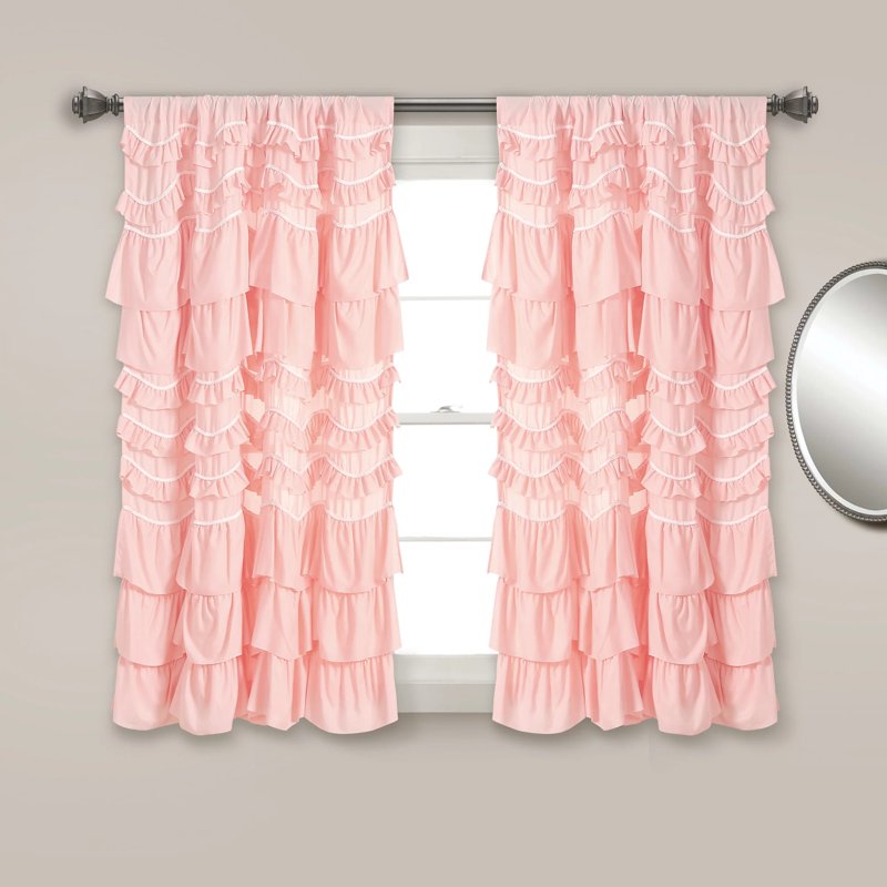 Peachy Pink Window Curtain Panel 52x63 Inches with Ruffles & Pom Poms