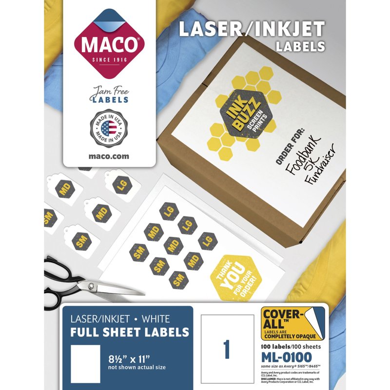 Full Sheet White Label Labels for Laser & Inkjet Printers 8.5 x 11 - 100 Pack