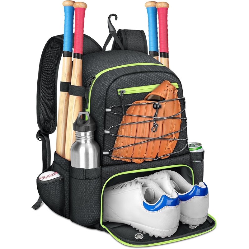 Youth Baseball Backpack with 4 Bats Holder, Shoe Compartment & Fence Hook