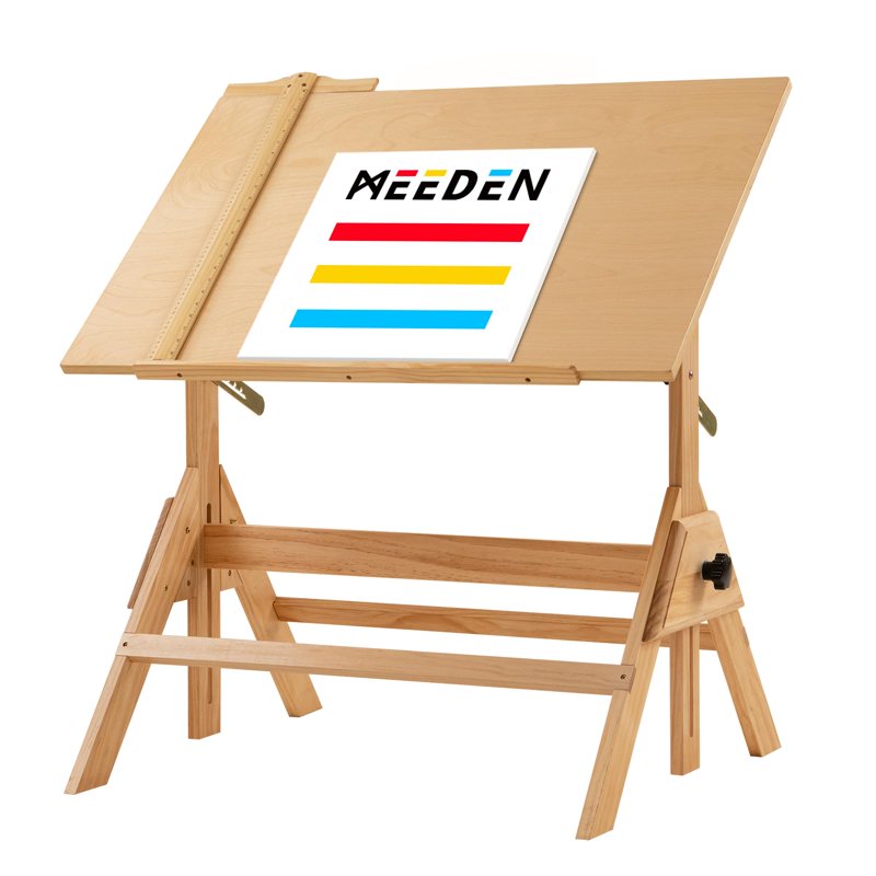 Adjustable Wooden Drafting Table with Tilt Top and Pencil Ledge - Natural Finish