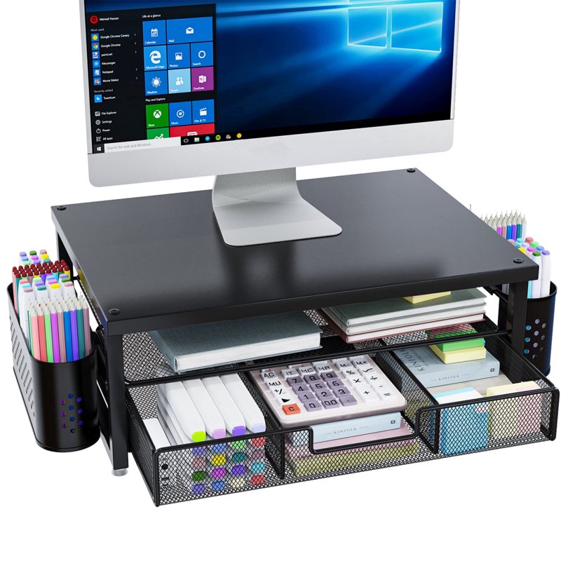 Mehoom 3-Tier Monitor Stand with Drawer & Pen Holders – Desk Organizer, Black