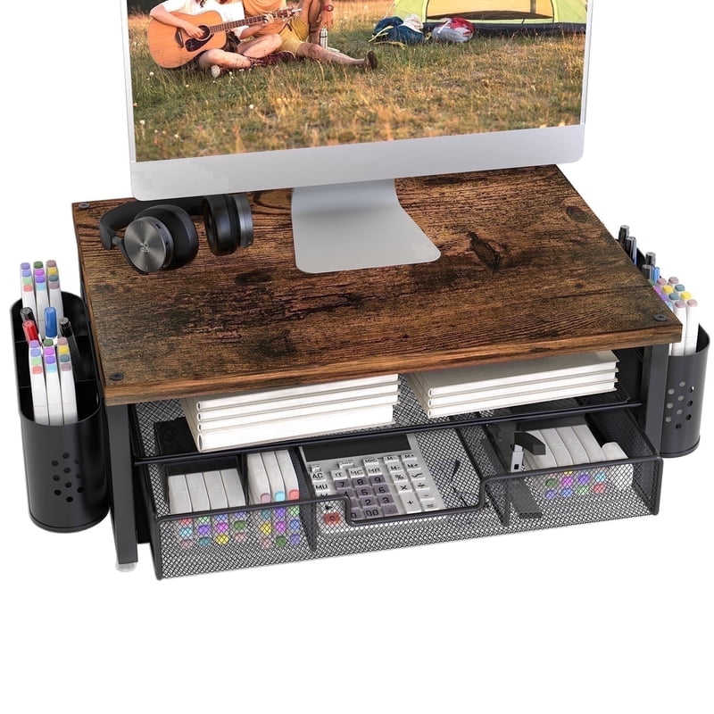 Mehoom 3-Tier Monitor Stand Riser with Drawer, Brown, Desk Organizer for Office & Dorm