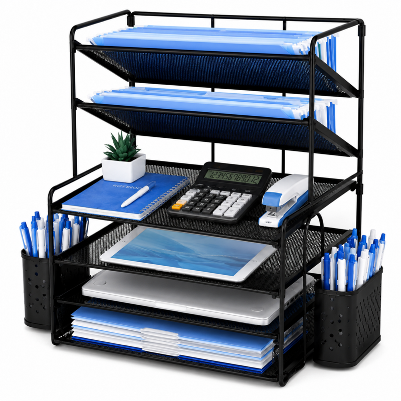 6-Tier Metal Desk Organizer with File Trays & Pen Holders - Office & Home