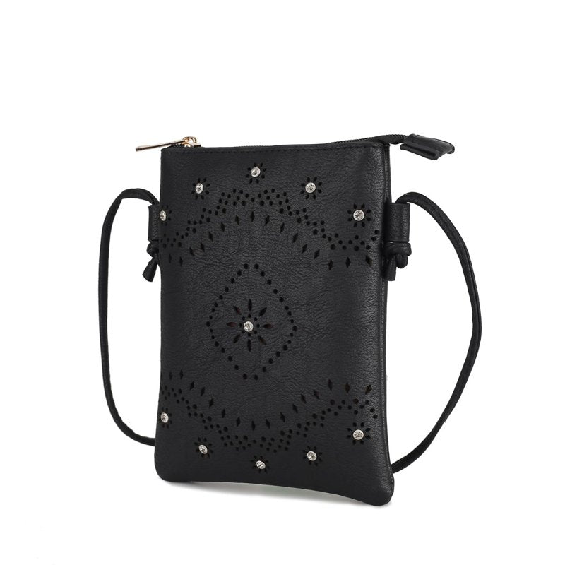 Women's Crossbody Bag with Faux Leather and Silver Details - Black