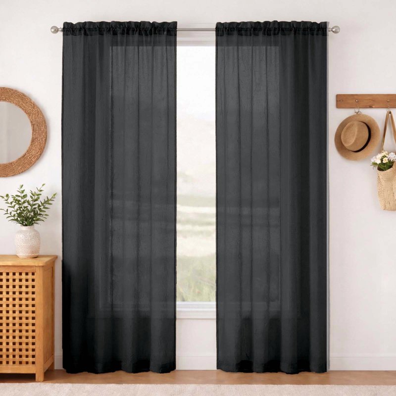 MKHILL Black Crushed Sheer Curtains 72in 2 Panels Rod Pocket Drape Set - 42x72