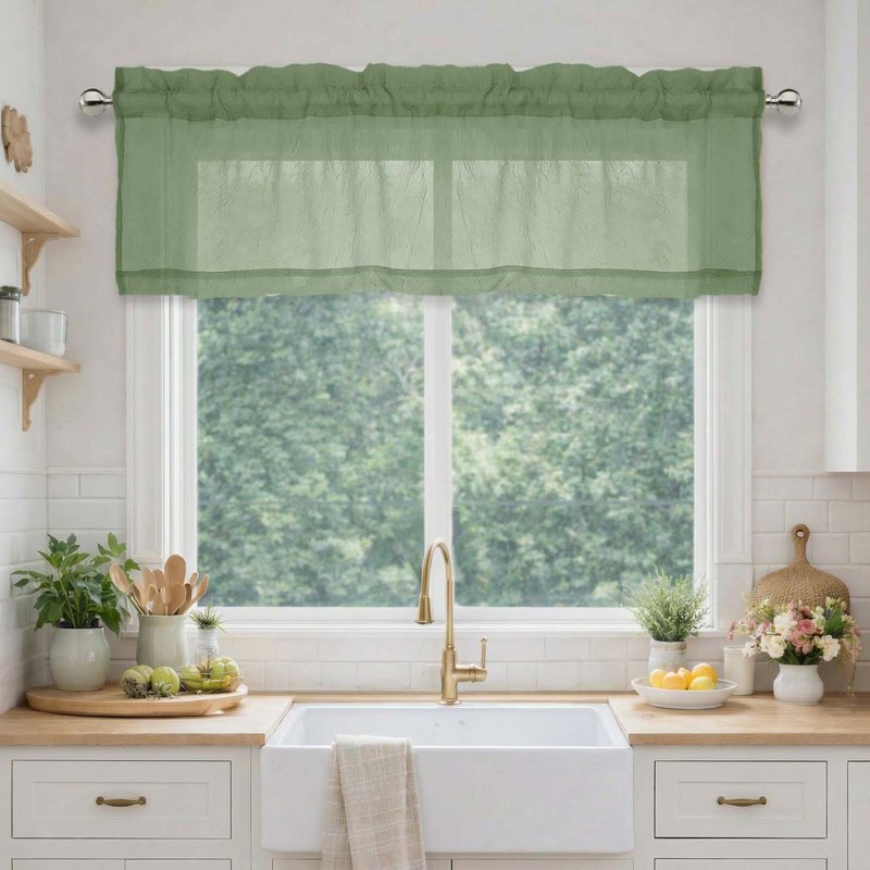 Sage Green Crushed Valance Curtains 2 Pack - 42x14 Inches, Rod Pocket, Lightweight Window Drape