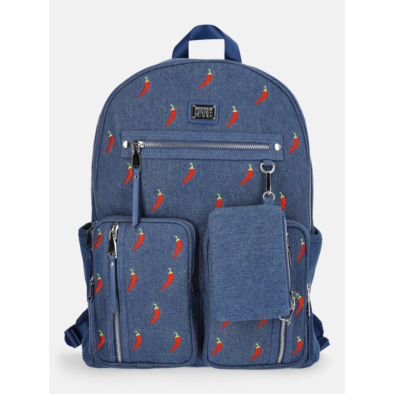 Women’s Double Pocket Dome Backpack with Pouch - Chili Denim