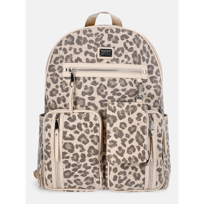 Women's Double Pocket Dome Backpack with Detachable Pouch - Leopard Print
