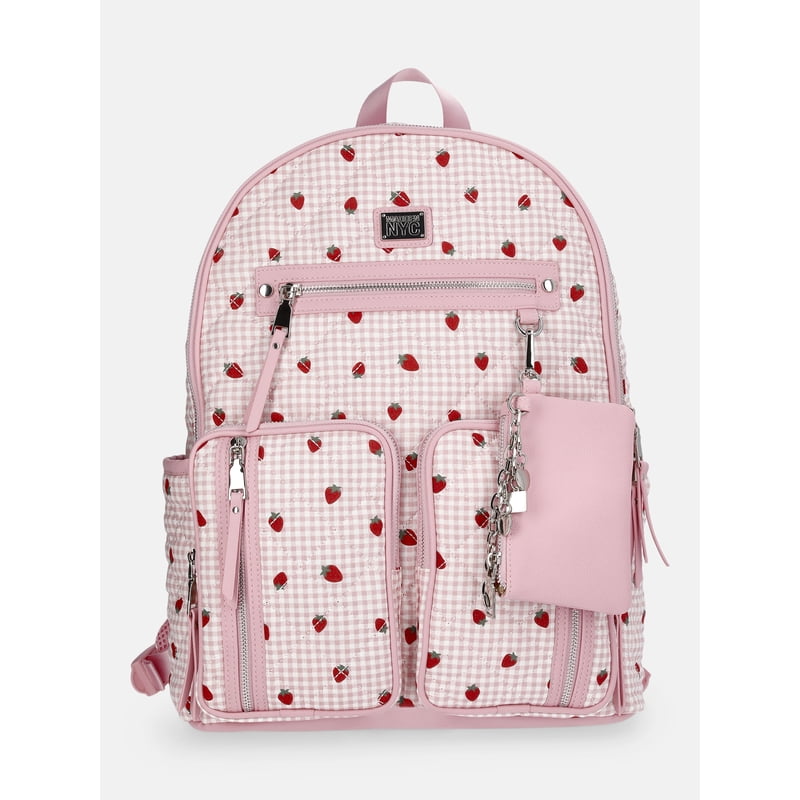 Women's Double Pocket Dome Backpack with Detachable Pouch - Pink Strawberry