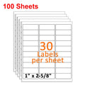 Self-Adhesive Shipping Labels 1 x 2 5/8 Inches - Blank White Laser & Inkjet Stickers, 30 per Sheet, 100+ Variants