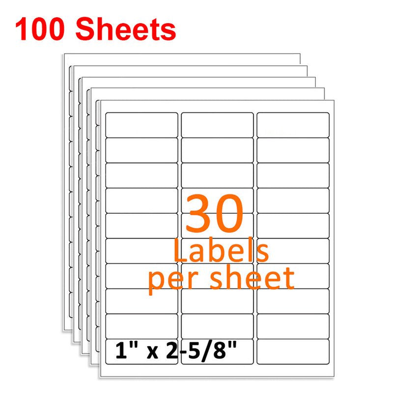Self-Adhesive Shipping Labels 1 x 2 5/8 Inches - Blank White Laser & Inkjet Stickers, 30 per Sheet, 100+ Variants