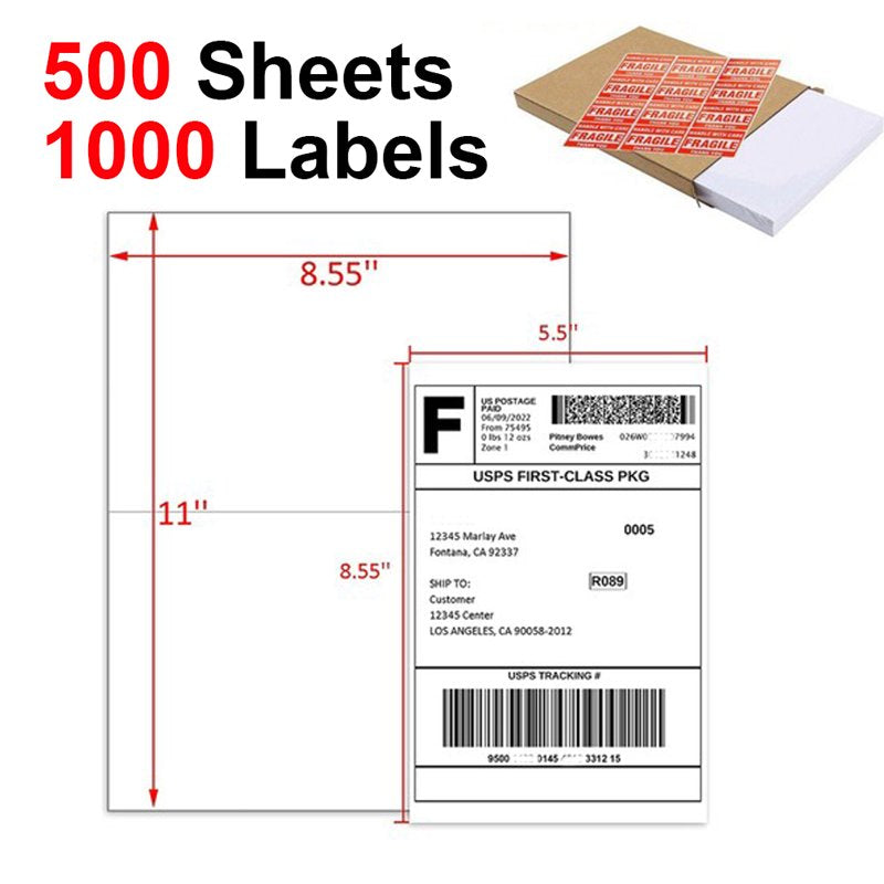 Self-Adhesive Half Sheet Shipping Labels for Laser & Inkjet Printers - 8.5 x 5.5 Inches, Blank Address Labels, Bulk Pack