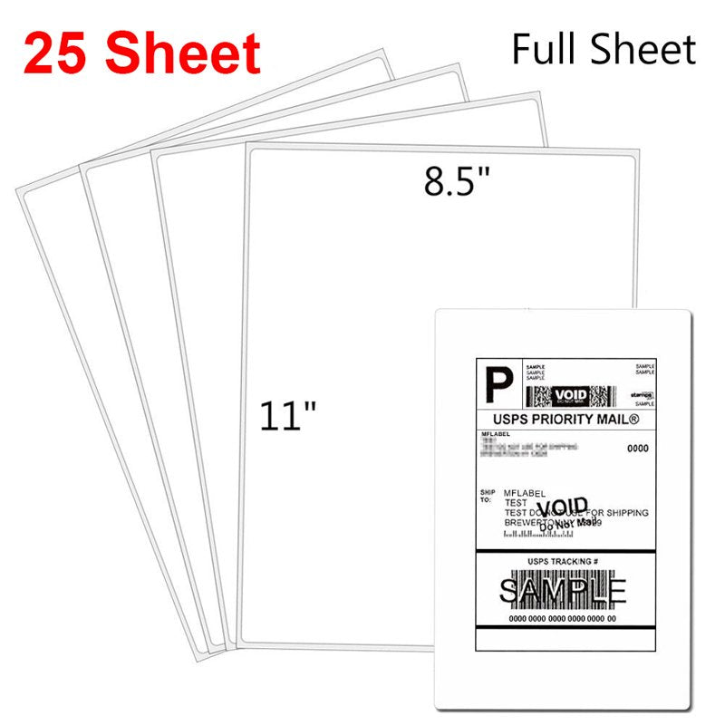 Self-Adhesive Shipping Labels 8.5 x 11 Inches Matte White Blank Sticker Paper for Laser & Inkjet Printers - Pack of 25+ Sheets