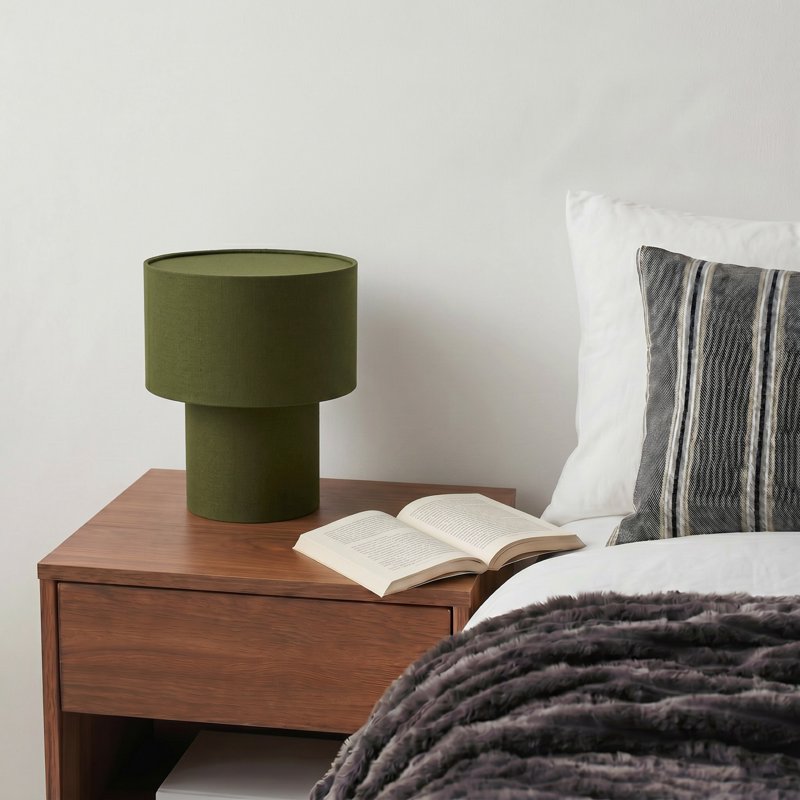 13-Inch Dark Green Linen Fabric Table Lamp with Inline Switch