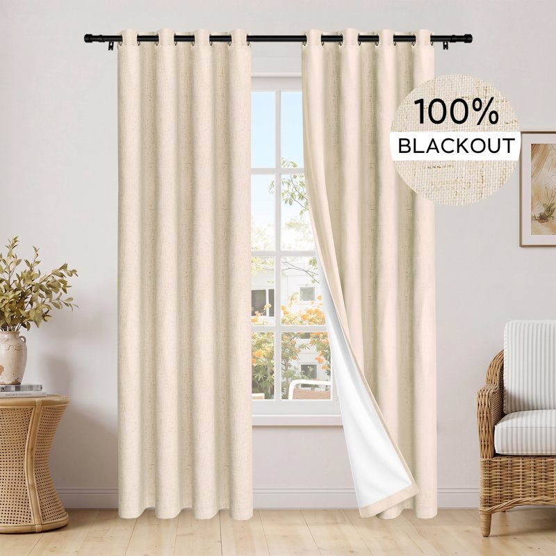 Blackout Linen Blend Grommet Curtains for Bedroom & Living Room - Thermal Insulated, Light Greenish Gray, Pack of 2