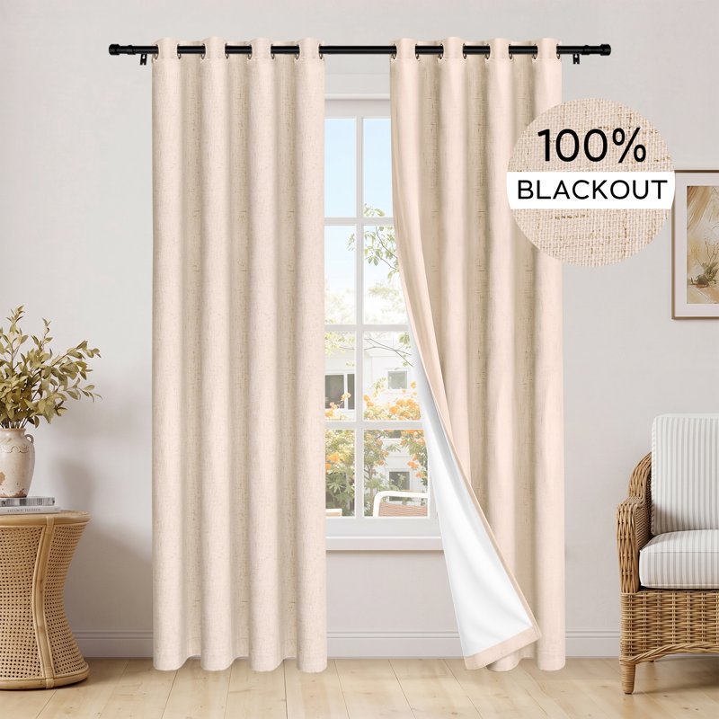 Blackout Linen Blend Grommet Curtains - Thermal Insulated Room Darkening Panels