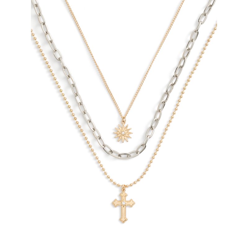 Gold Tone Cross Pendant Necklace Set for Women - 3 Piece