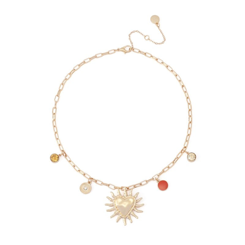 Women's Red Heart Sun Charm Bib Necklace - Adjustable Gold Tone Jewelry