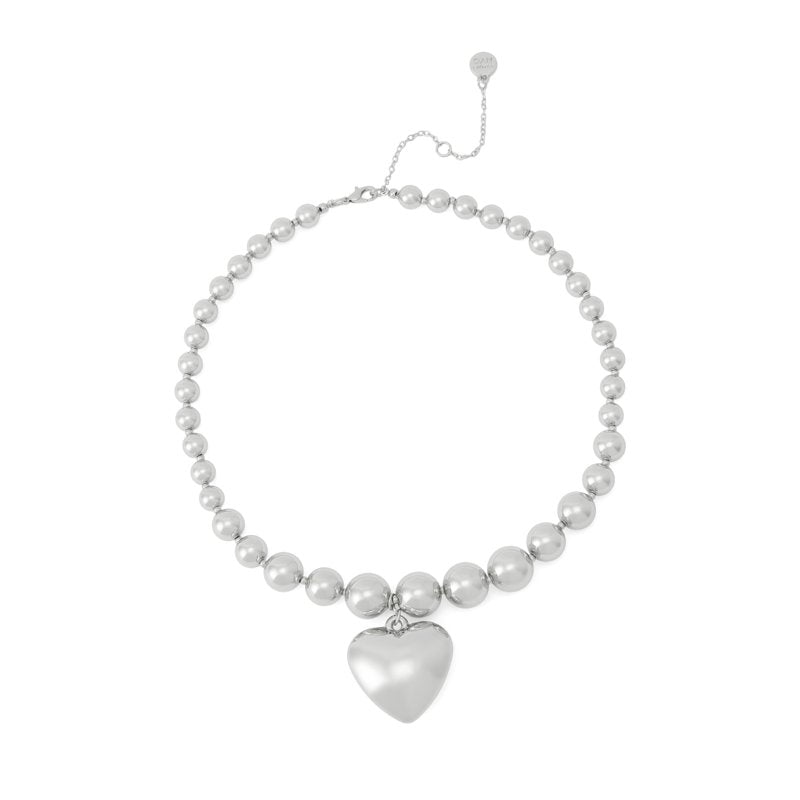 Women's Puffy Heart Pendant Necklace with Rhodium Finish - Adjustable Chain