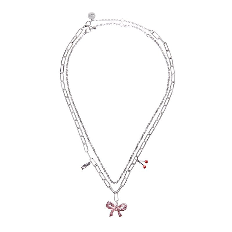 Women's Rhodium Bow Charm Pendant Necklace Set - Adjustable, Gift Ready