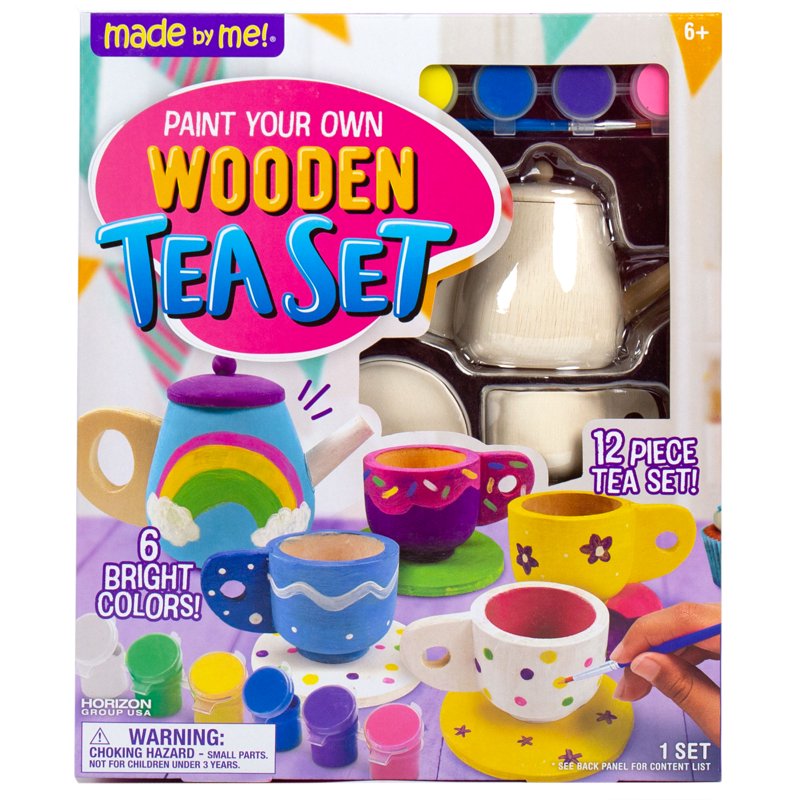Kids Wooden Tea Set for Painting and Pretend Play - Includes Paint & Brush
