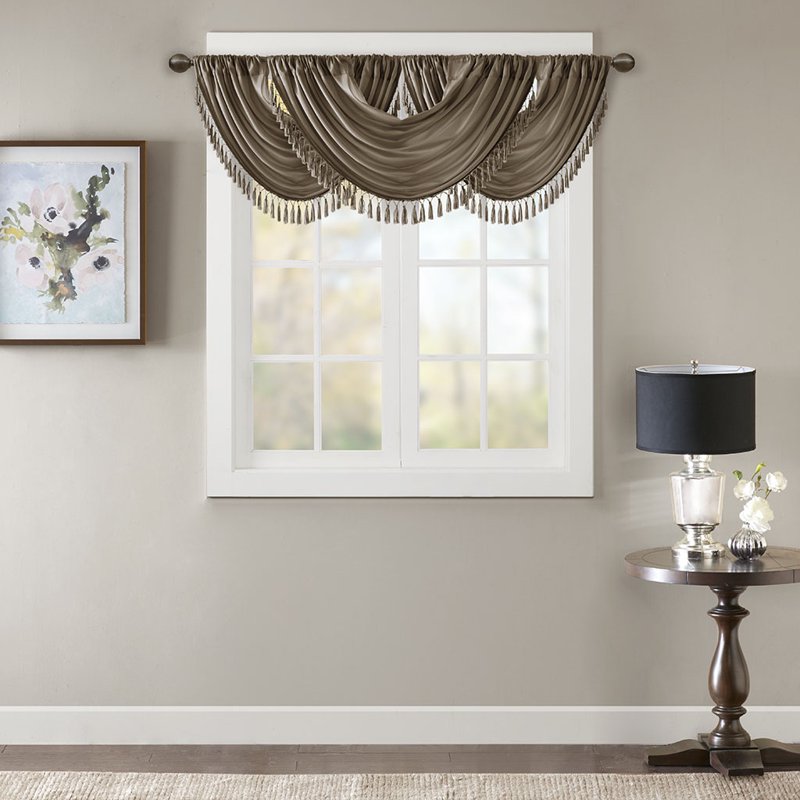 Faux Silk Waterfall Window Valance with Tassel Trim - Bronze 38x46 Inches