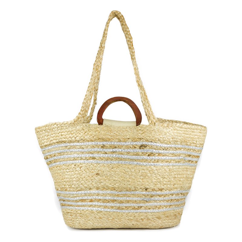 Women's Straw Jute Tote Bag with Wooden Handles & Crossbody Strap