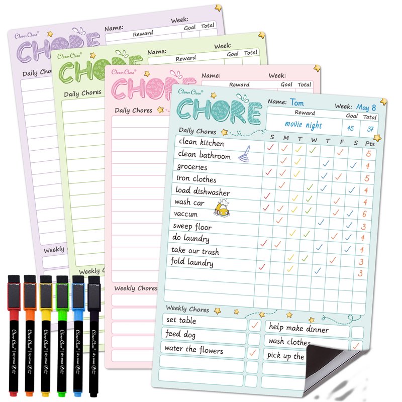 Magnetic Dry Erase Chore Chart for Family - 8.5x12 Inches with 6 Fine Point Markers