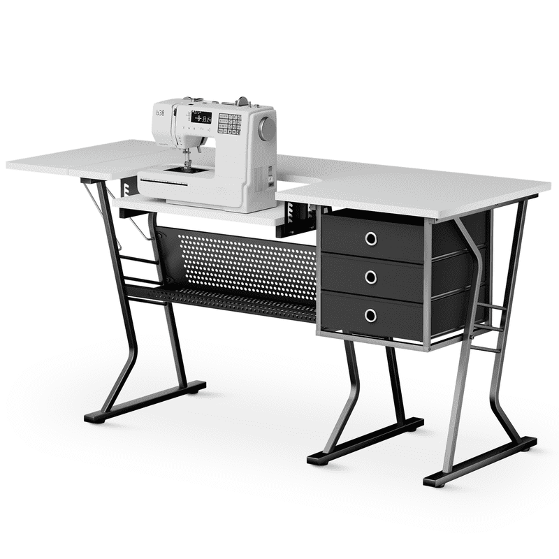 Sewing Machine Table with Storage Shelves & Adjustable Platform - White