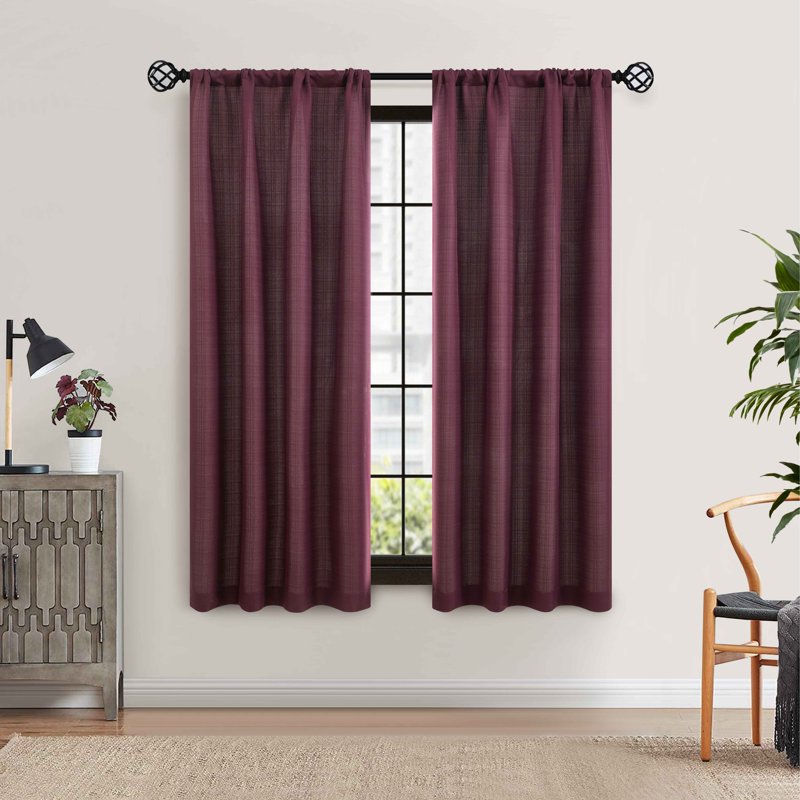 Light Filtering Curtain Panel Pair - Textured Solid Window Drapes, Burgundy, Set of 2