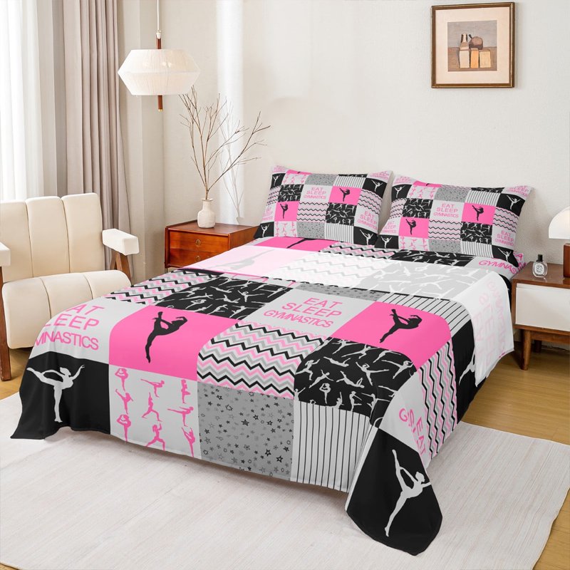 Twin Sheet Set - Pink White Gray 345 | Manfei Gymnastics Themed 3-Piece Bedding