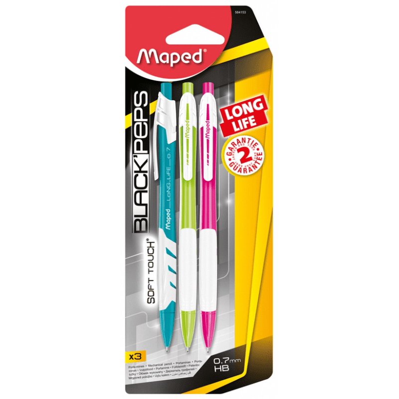 Maped Black Peps Mechanical Pen 0.7 mm HB Pack of 3 with Soft Grip