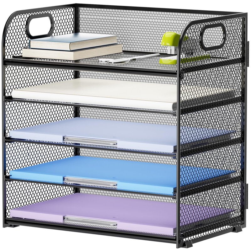 Multi-Layer Mesh Desktop File Organizer with Handles - Office Paper Storage Rack