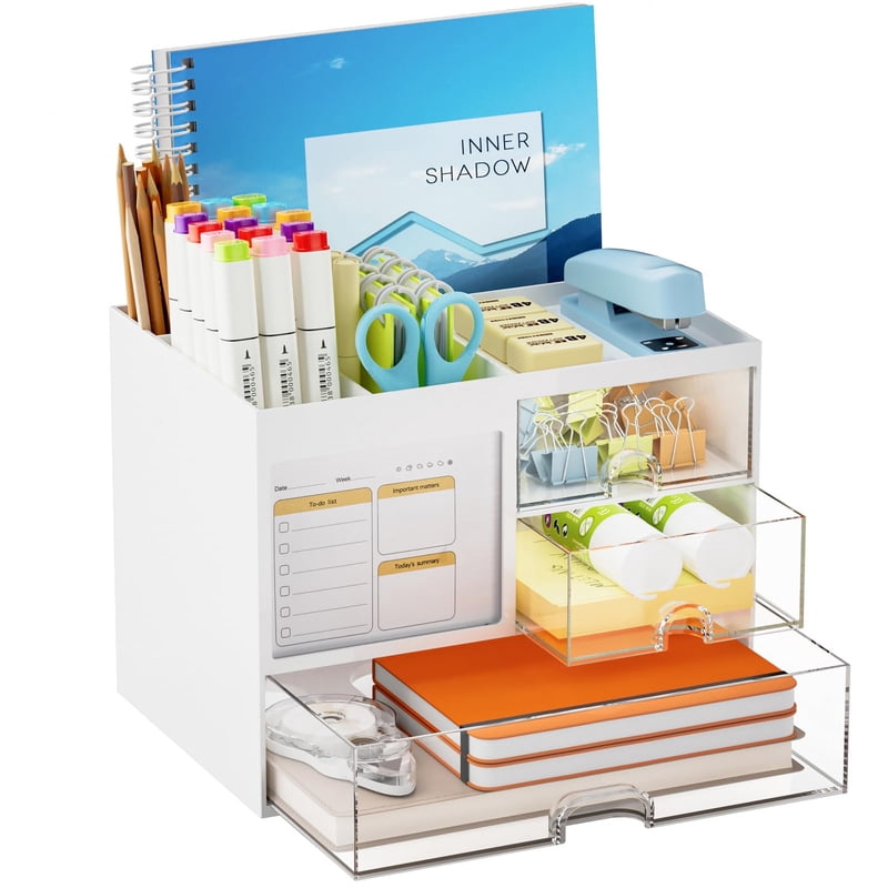 Multi-Compartment Desk Organizer with Drawers and Pen Holder - White/Green