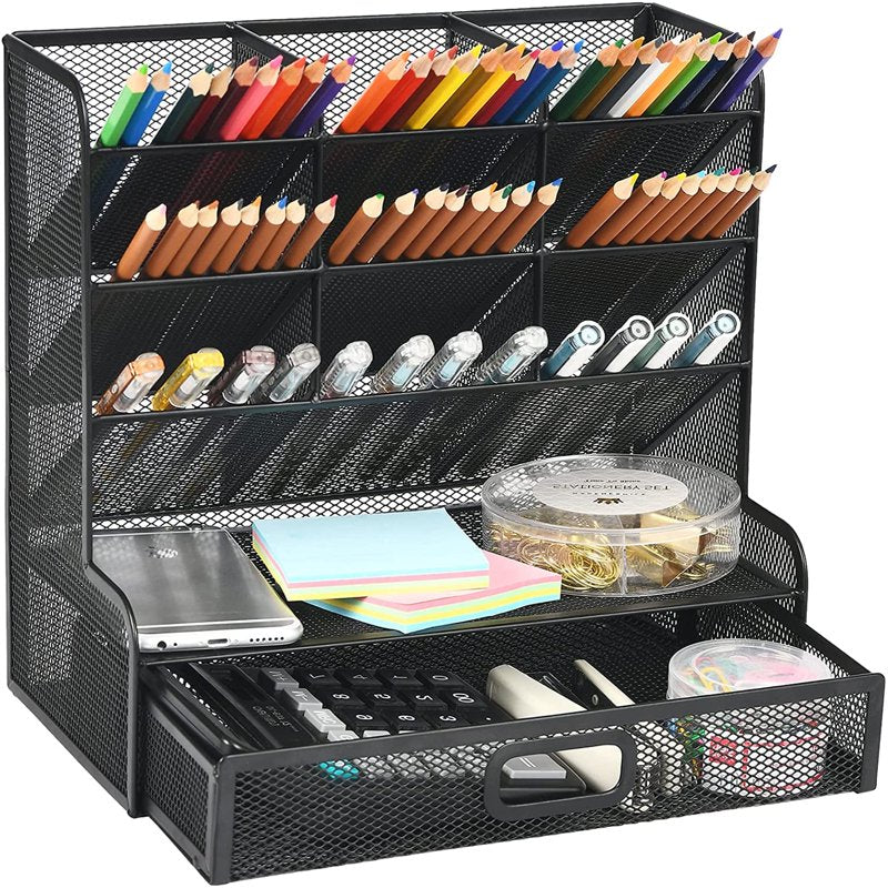 Mesh Desk Organizer with Drawer - Multi-Functional Pen Holder & Storage Rack