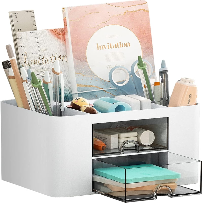 Multi-Functional Pen Organizer with 2 Drawers and Compartments - White Desk Storage