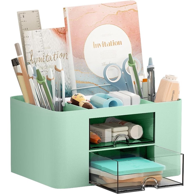 Multi-Functional Pen Organizer with 2 Drawers and Compartments for Desk Storage - Green